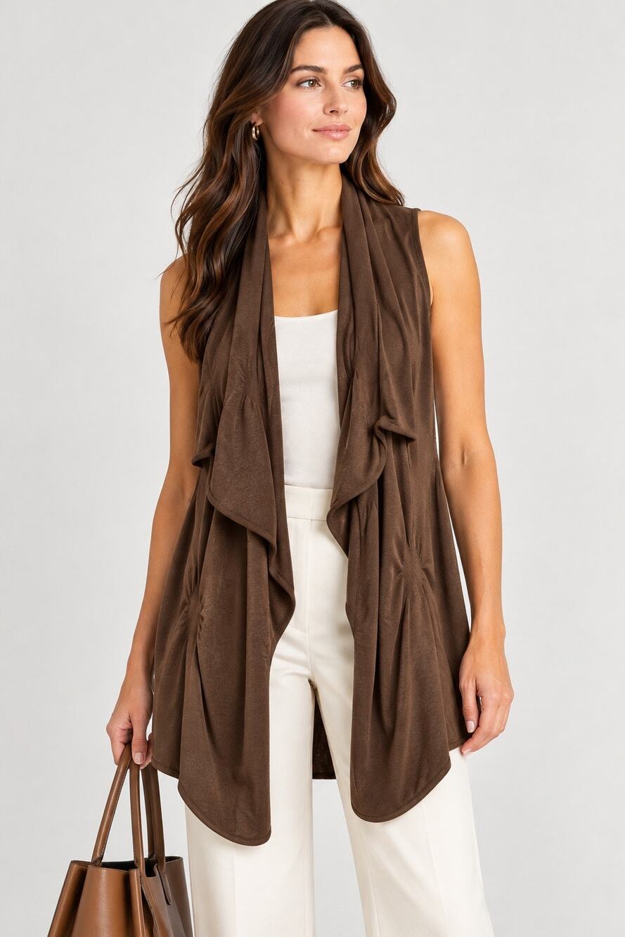 Lafayette 148 New York Brown Draped Waterfall Knit Sleeveless Cardigan L